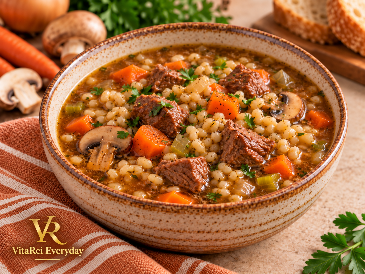 Hearty beef barley soup with tender beef mushrooms carrots and pearl barley