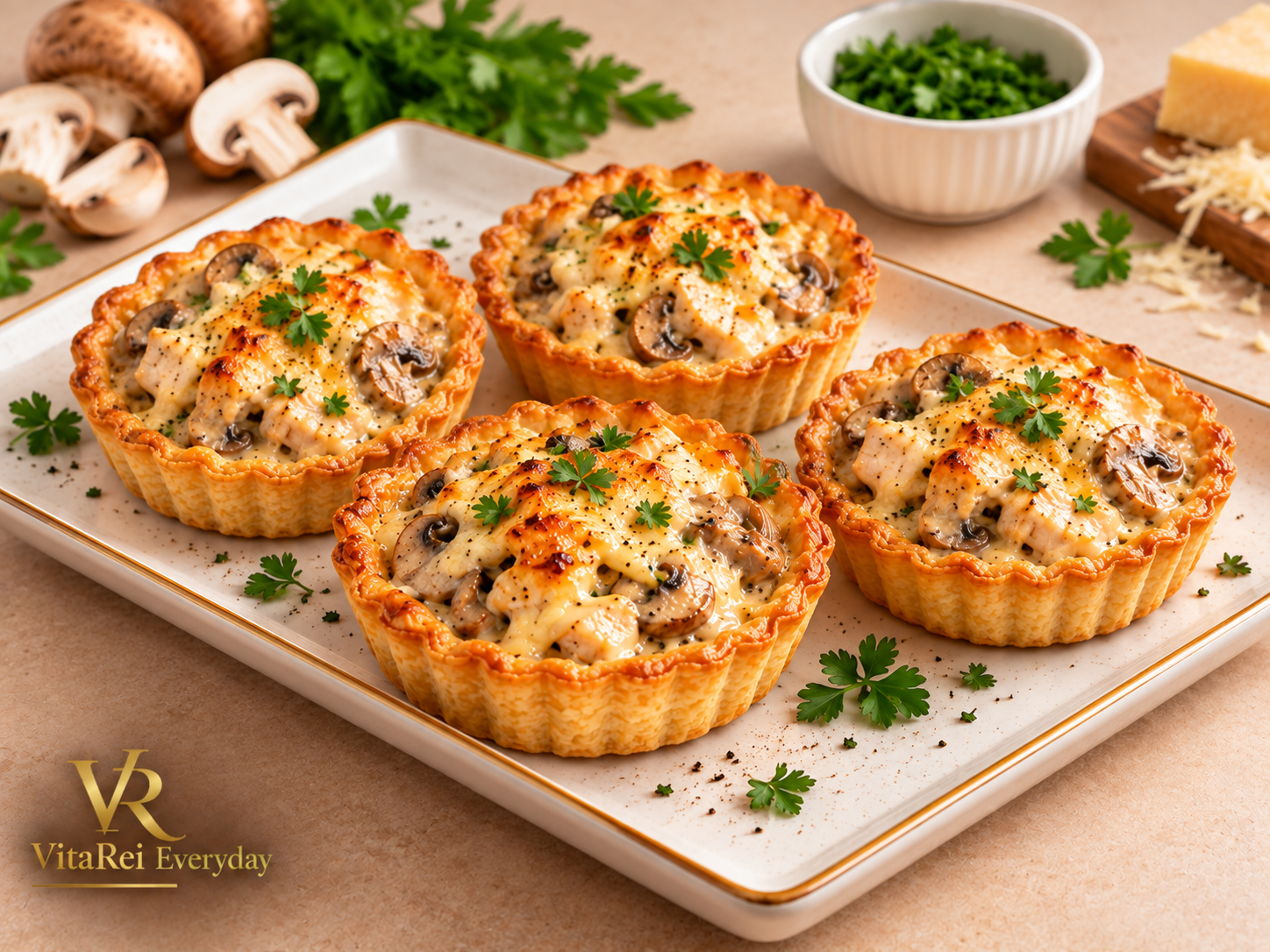 Creamy chicken and mushroom tartlets topped with melted cheese and parsley