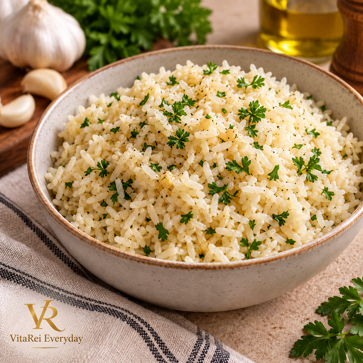 Easy garlic butter rice with fresh parsley in a serving bowl