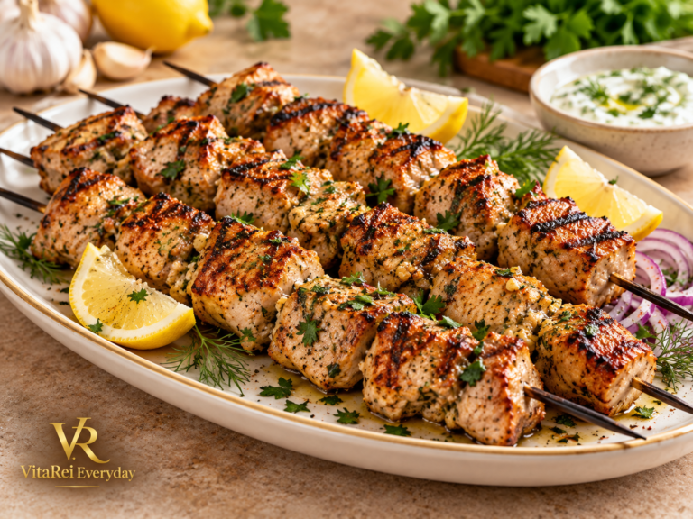 Garlic herb grilled pork skewers with fresh parsley and lemon