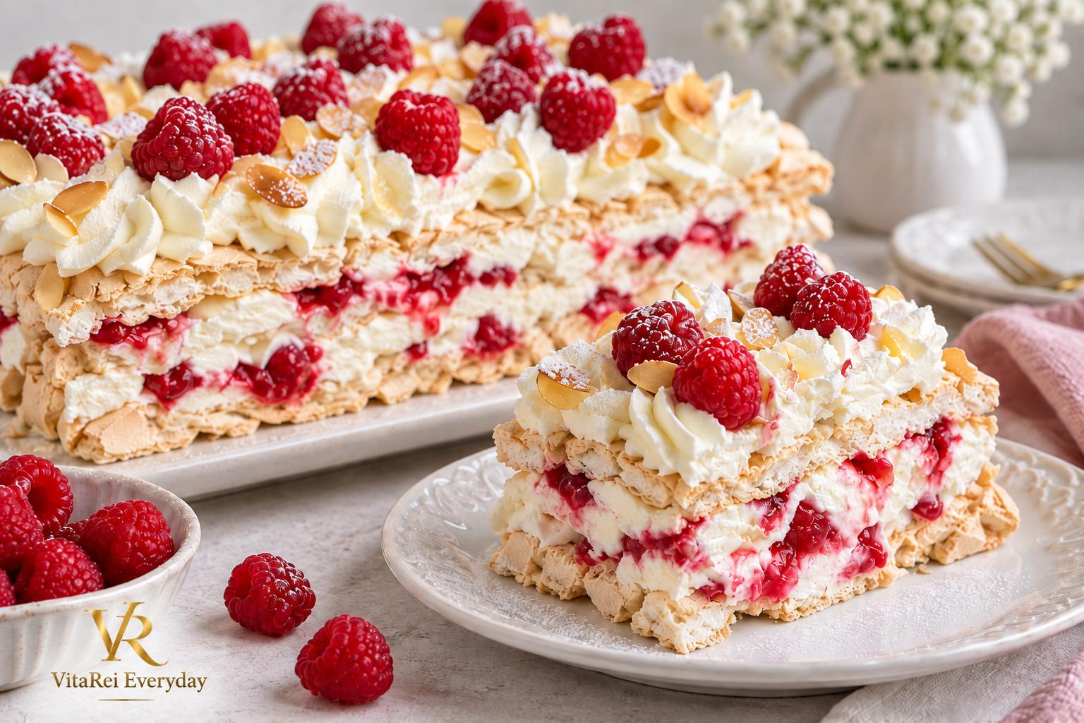 Raspberry meringue cake with mascarpone cream, raspberry filling, and fresh raspberries