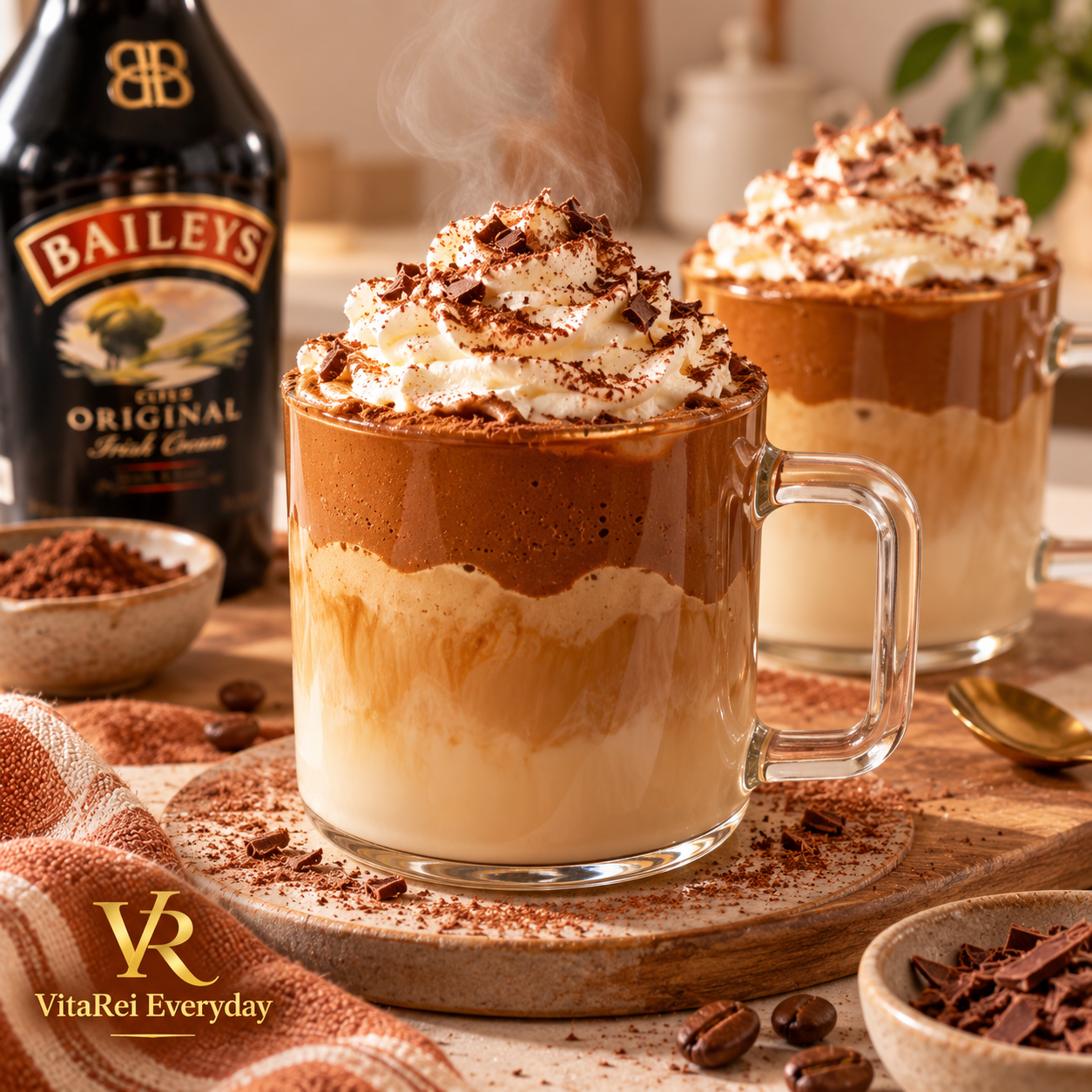 Hot Baileys whipped coffee with fluffy coffee topping and whipped cream