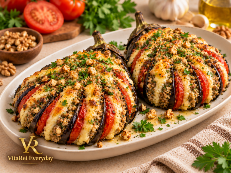 Baked eggplant fan with tomatoes mozzarella and walnut filling