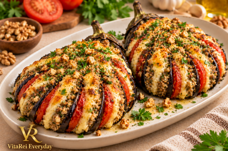 Baked Eggplant Fan with Walnut & Cheese Filling