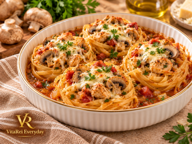 Chicken and mushroom pasta nests with tomato sauce and melted mozzarella