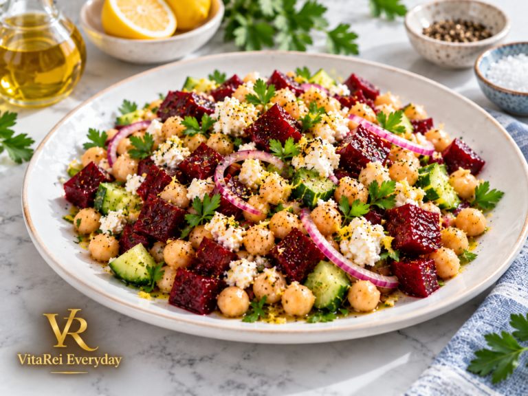 Chickpea beet feta salad with cucumber and lemon garlic vinaigrette
