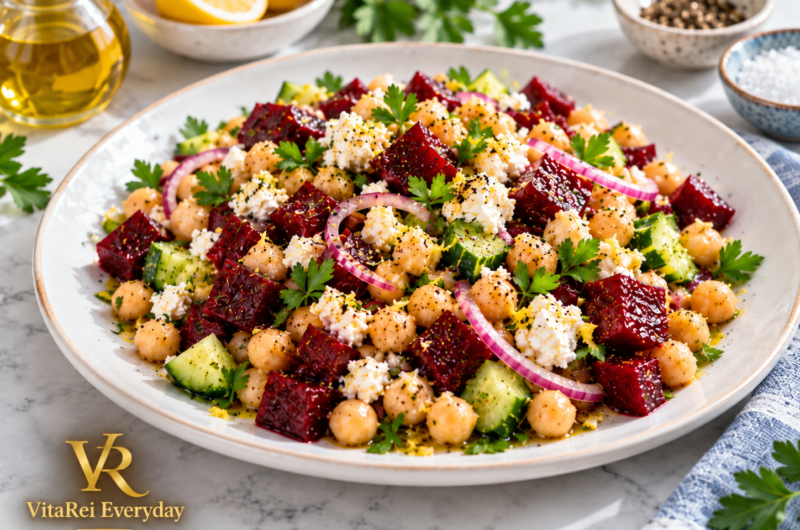Chickpea, Beet & Feta Salad with Lemon-Garlic Vinaigrette