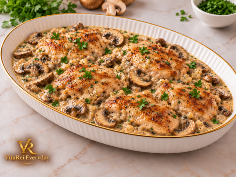 Creamy chicken thighs and mushrooms in garlic cream sauce with fresh parsley