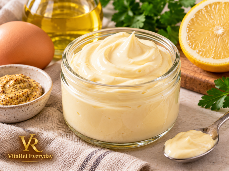 Homemade mayonnaise in a glass jar with lemon mustard and sunflower oil