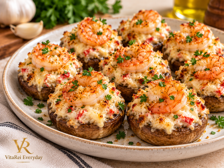 Shrimp and crab stuffed mushrooms topped with melted mozzarella