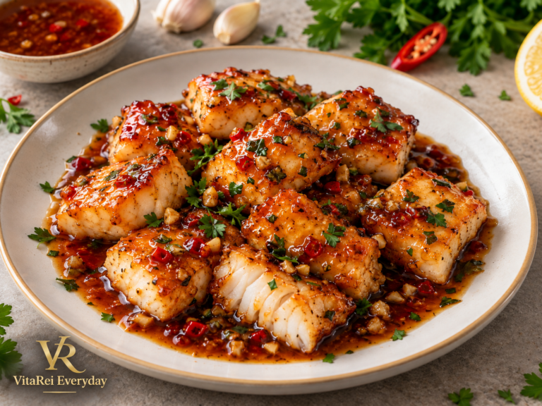 Sweet chili garlic butter cod bites with parsley in a glossy garlic butter sauce