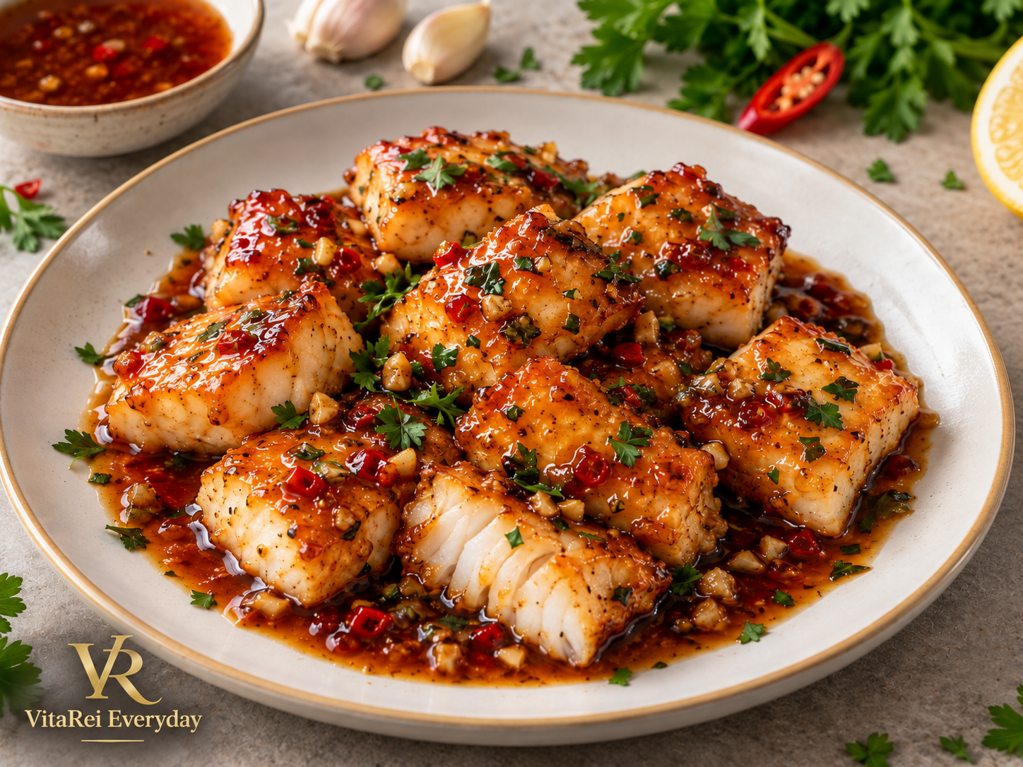Sweet chili garlic butter cod bites with parsley in a glossy garlic butter sauce