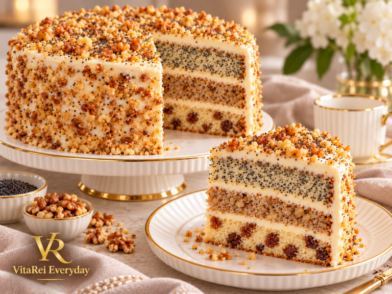 Three-layer sour cream cake with poppy seed walnut and raisin layers