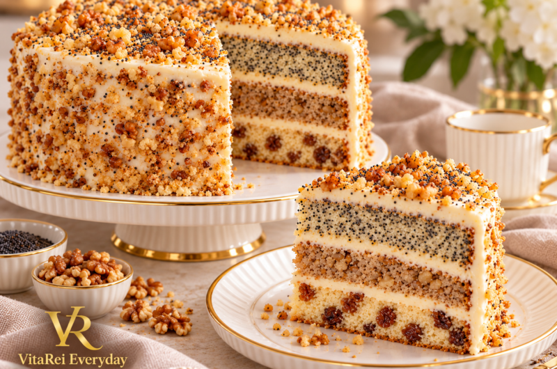 Three-Layer Sour Cream Cake with Poppy Seeds, Walnuts & Raisins