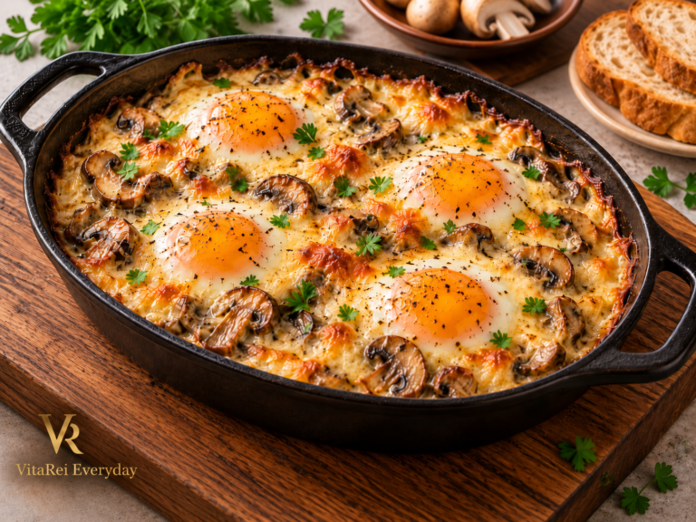Baked eggs with mushrooms and melted cheese in a creamy sauce