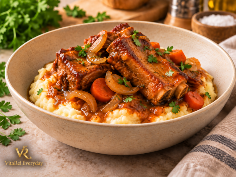 Braised pork ribs with onions and savory gravy served over mashed potatoes