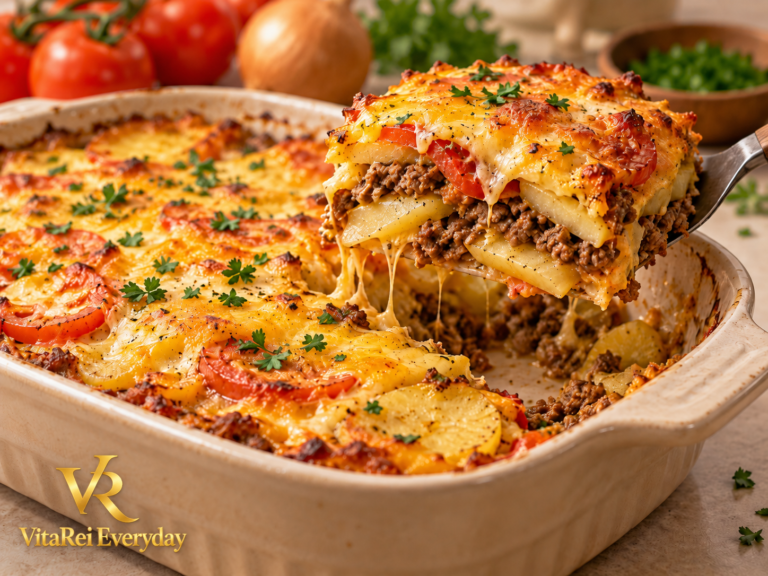 Cheesy ground beef and potato bake layered with tomatoes and melted cheese