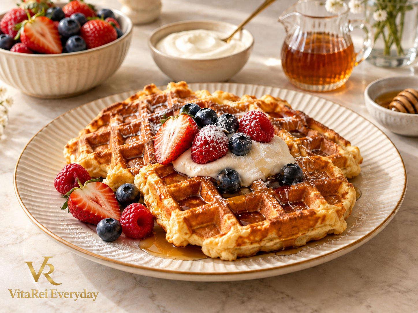 Golden cottage cheese waffles served with berries and maple syrup