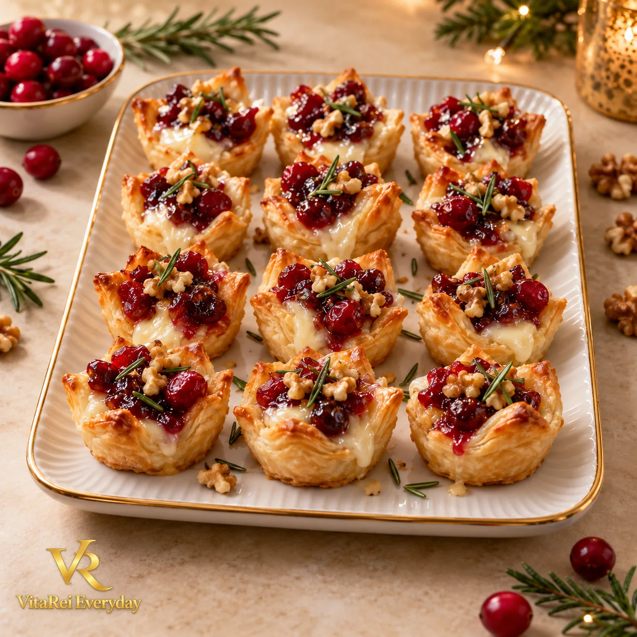 Cranberry Brie Puff Pastry Bites with cranberry sauce and walnuts