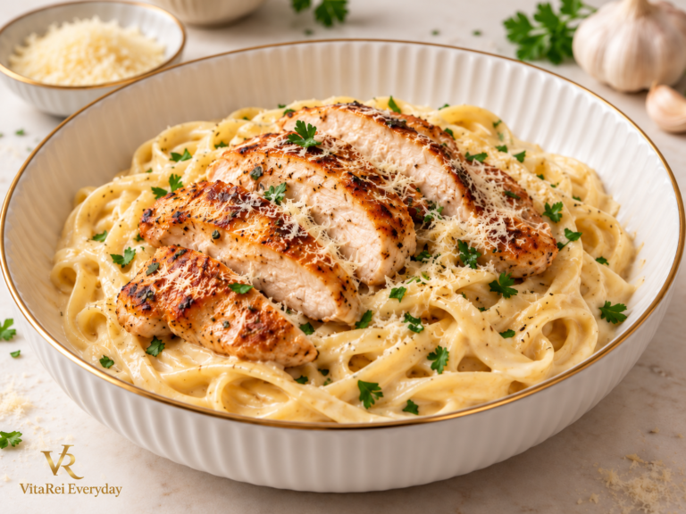 Creamy garlic Parmesan fettuccine topped with sliced pan-seared chicken