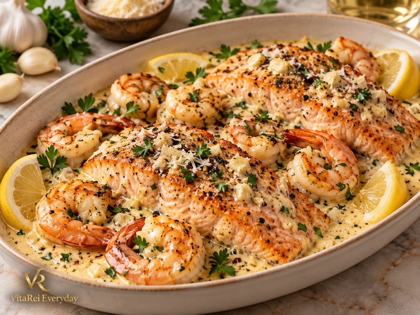 Creamy garlic salmon and shrimp in Parmesan cream sauce with lemon and parsley