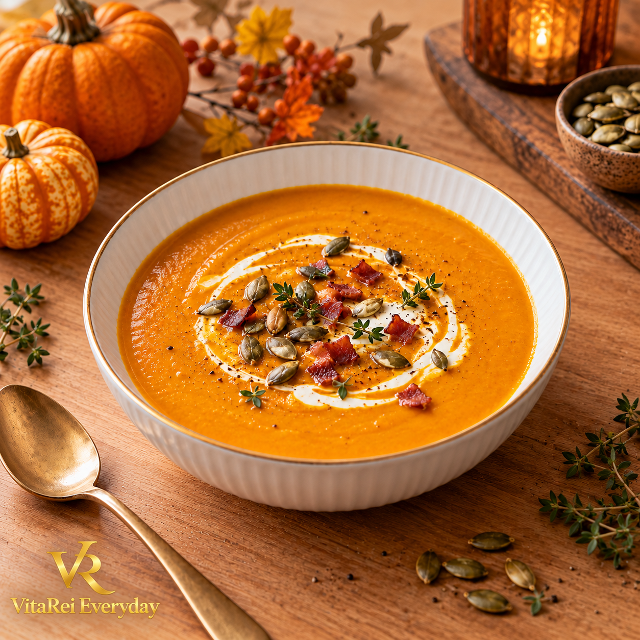 Creamy roasted pumpkin soup topped with pumpkin seeds and crispy bacon