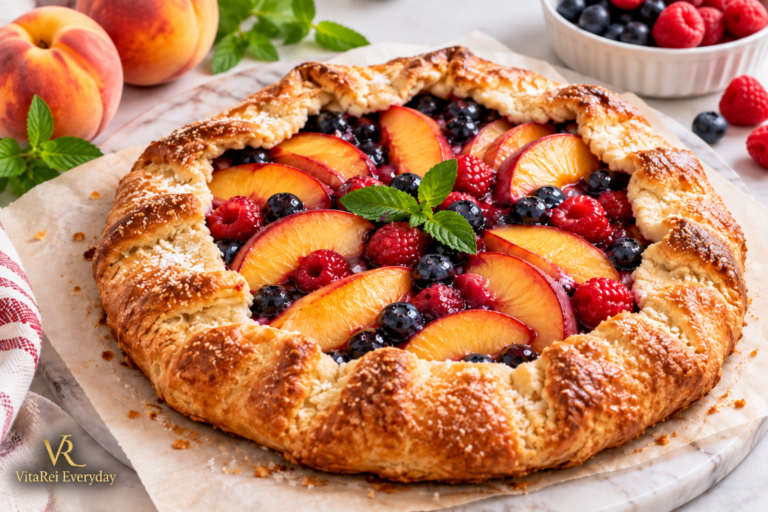 Easy peach and berry galette with golden flaky crust, peaches, raspberries and blueberries