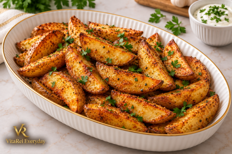 Extra crispy oven baked potato wedges with paprika, garlic and parsley