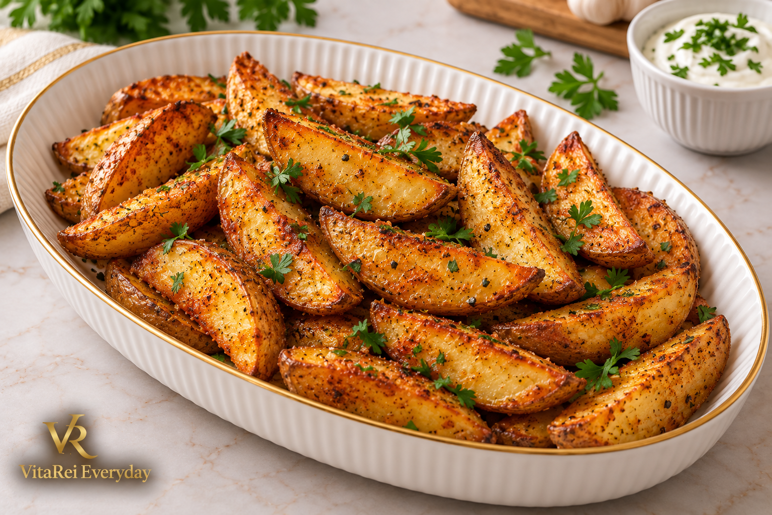 Extra crispy oven baked potato wedges with paprika, garlic and parsley
