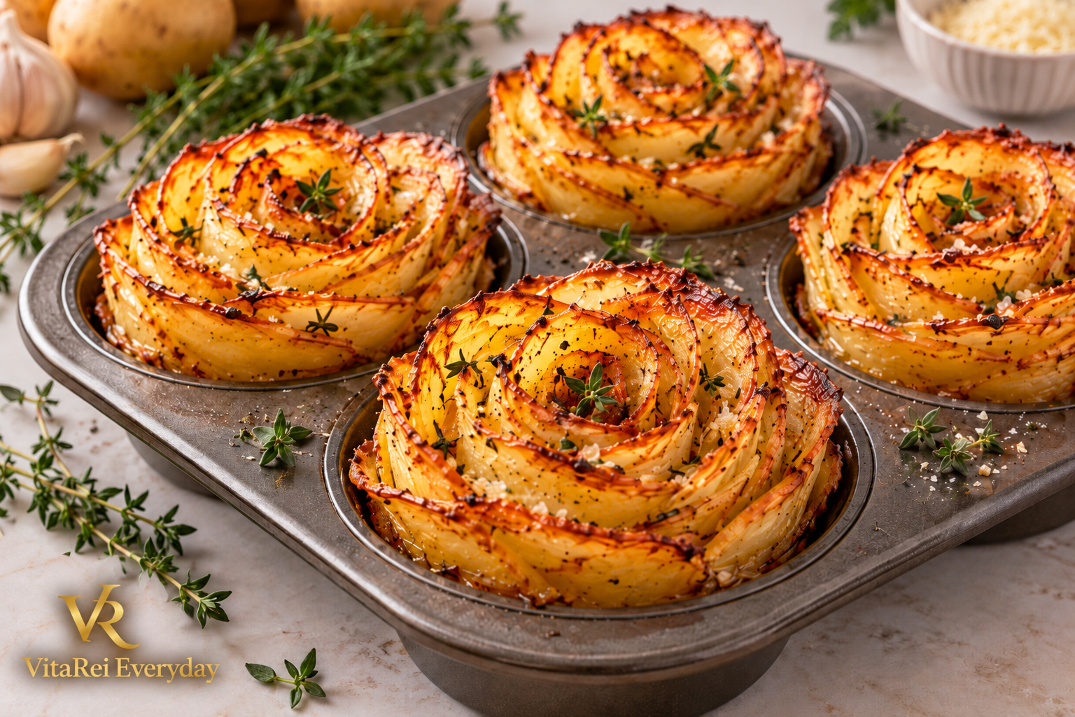 Garlic herb potato roses baked until golden and crispy with fresh thyme
