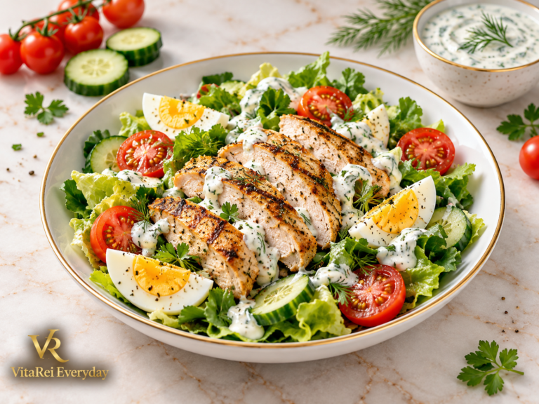 Grilled chicken and egg salad with cucumber, tomatoes and creamy herb yogurt dressing