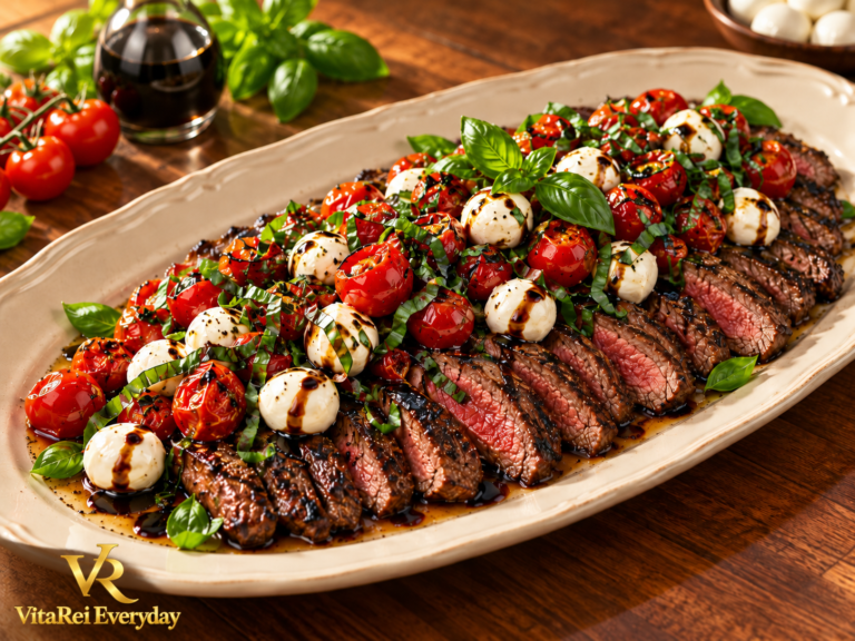 Sliced grilled flank steak topped with cherry tomatoes, bocconcini, basil and balsamic glaze
