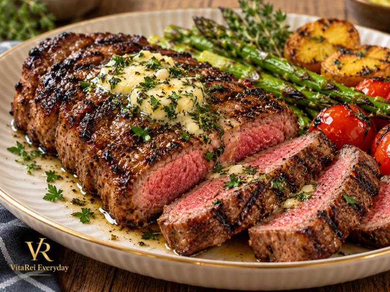Grilled striploin steak topped with garlic herb butter