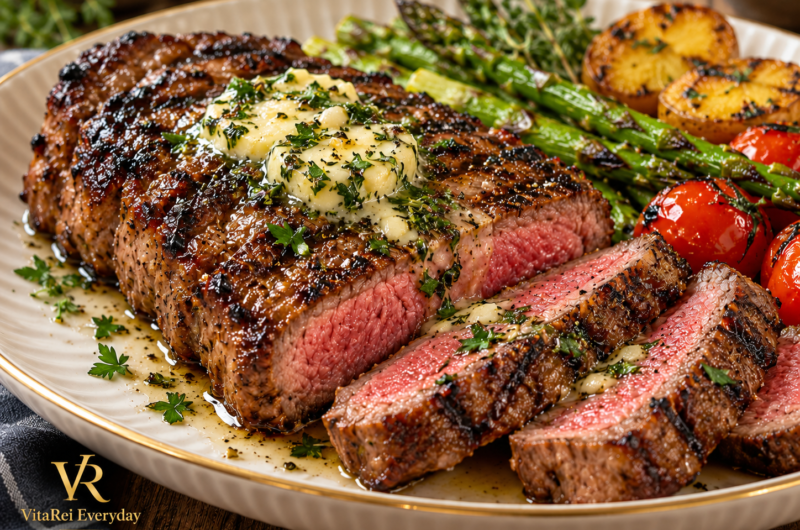 Grilled Steak with Garlic Herb Butter