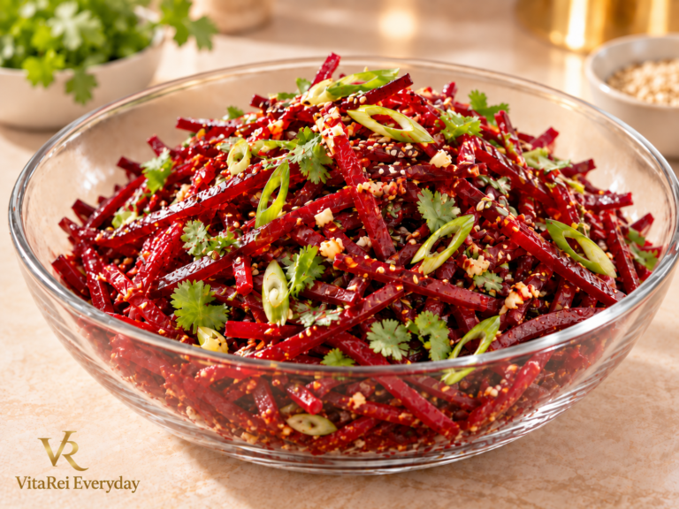 Korean style beet salad with garlic, green onions and sesame seeds