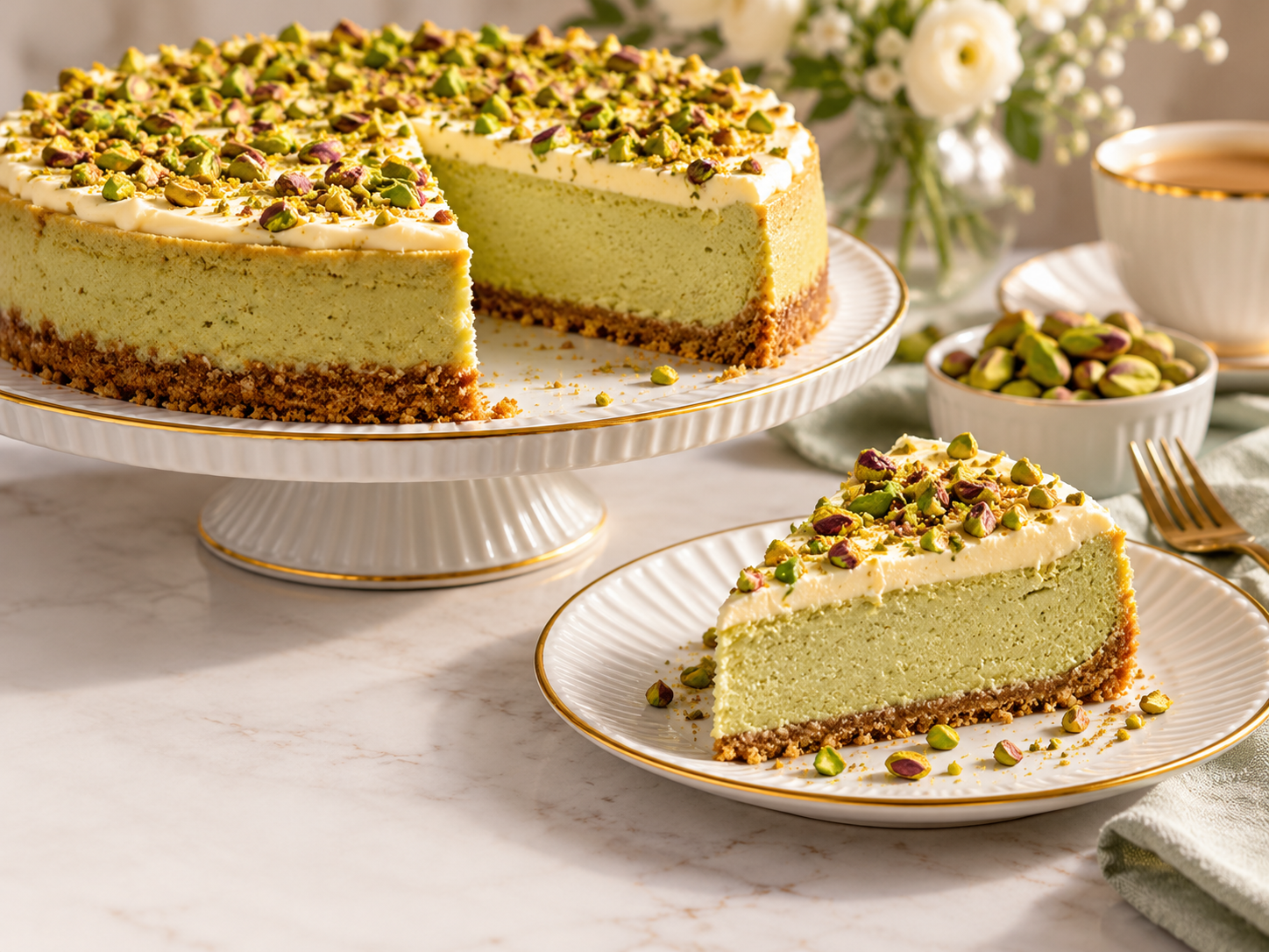 Creamy pistachio cheesecake with pistachio cream and chopped pistachios