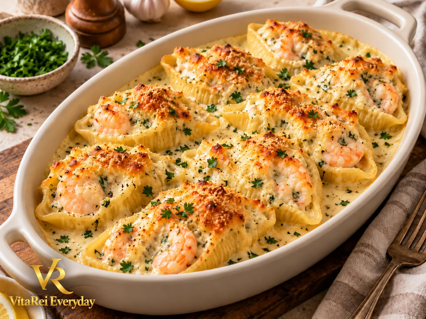 Shrimp and Crab Stuffed Shells in creamy sauce