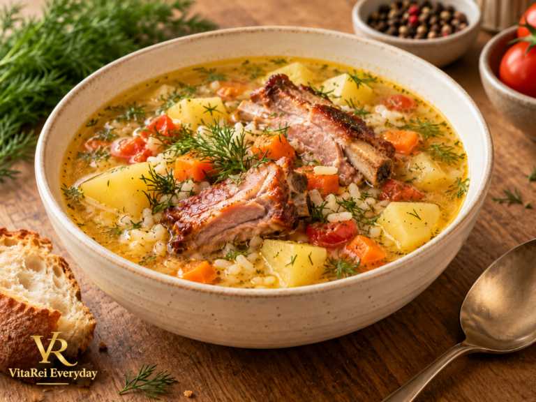 Smoked pork rib and rice soup with potatoes, carrots and fresh dill