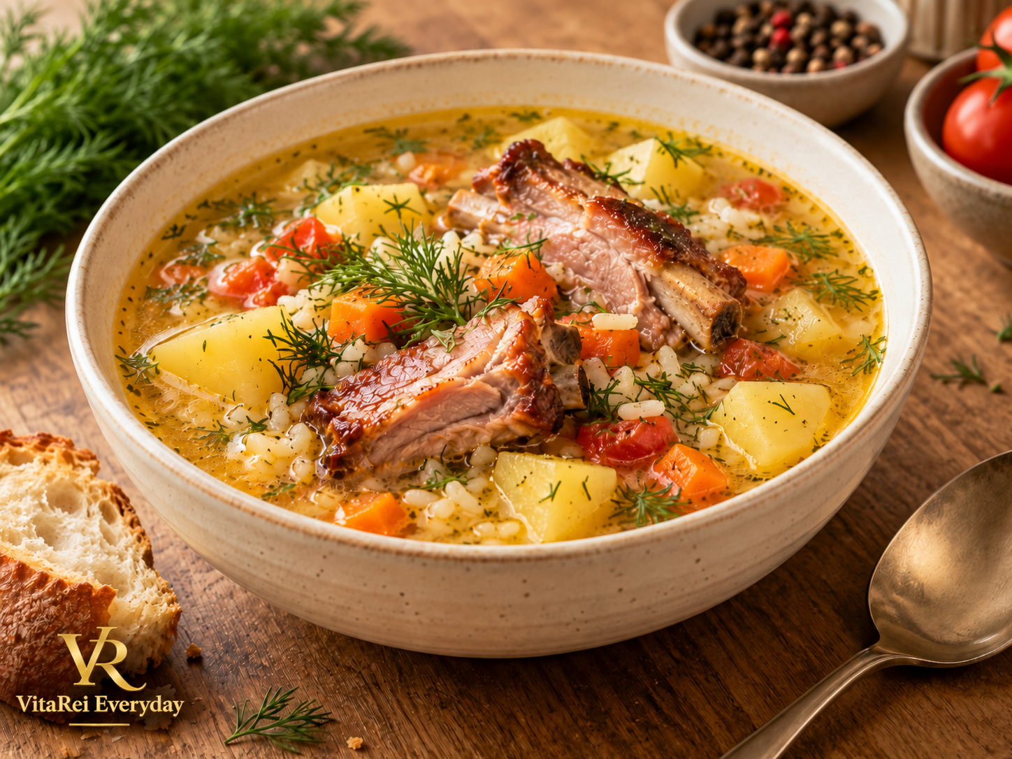 Smoked pork rib and rice soup with potatoes, carrots and fresh dill