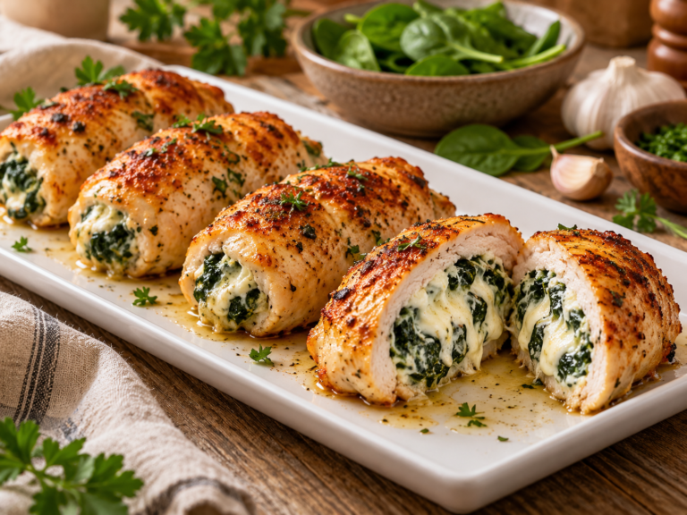 Spinach and cheese stuffed chicken rolls baked until golden