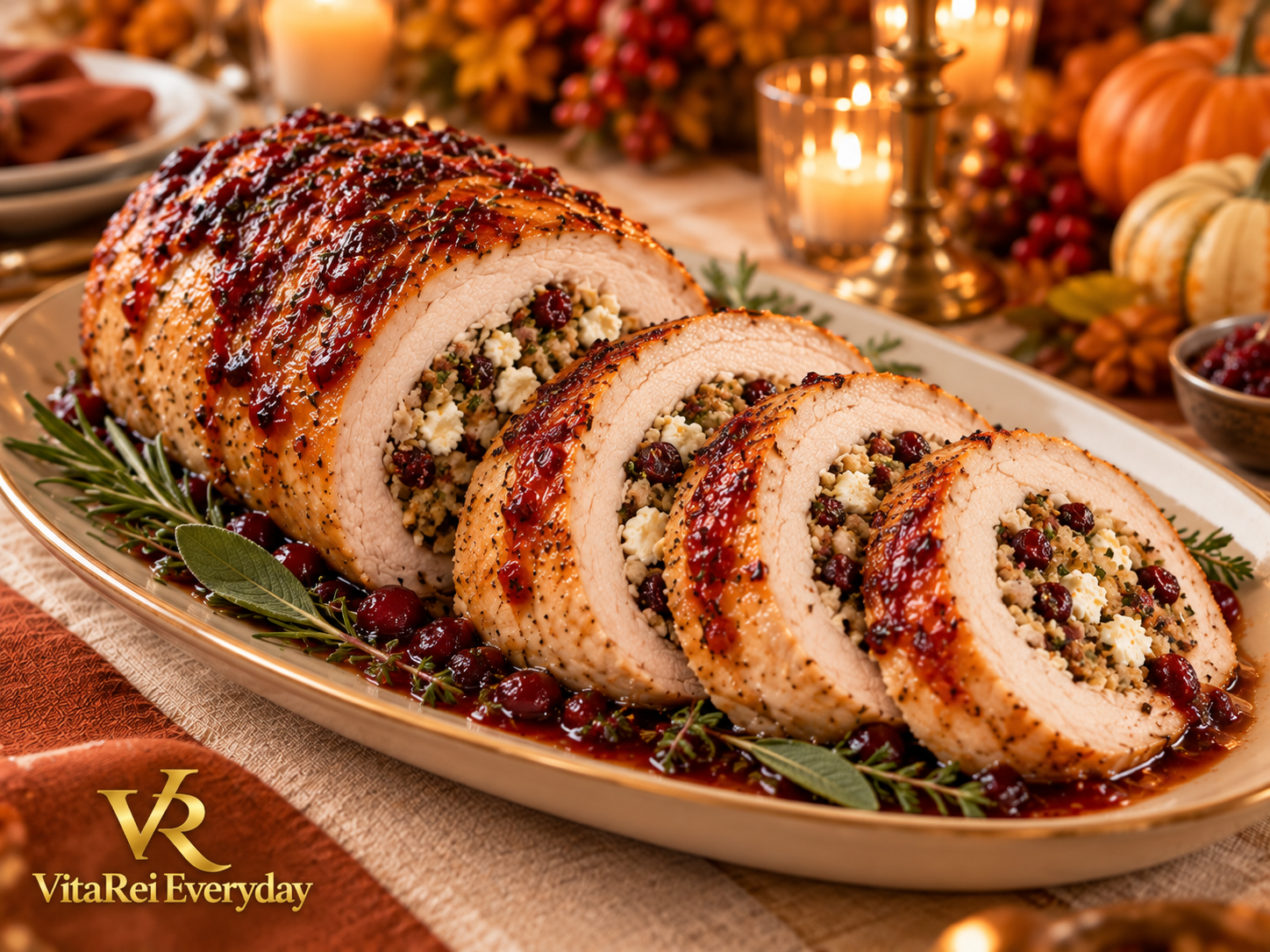 Sliced stuffed turkey breast with cranberry, feta and herb stuffing