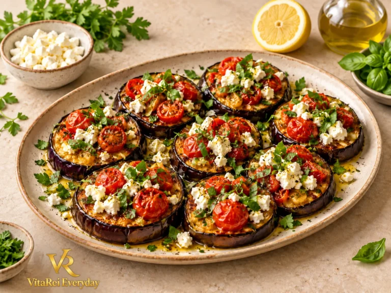 Roasted eggplant with cherry tomatoes, feta, lemon and fresh herbs