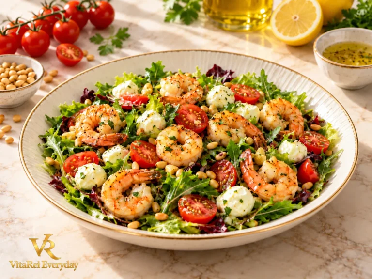 Shrimp mozzarella and tomato salad with mixed greens and toasted pine nuts